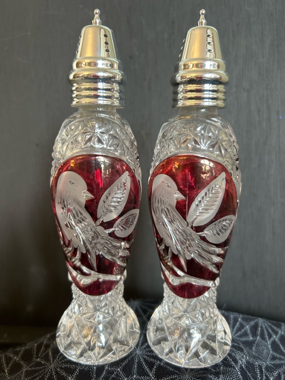 Vintage Hofbauer Byrdes Ruby Salt and Pepper Shakers 1960’s Lead Crystal